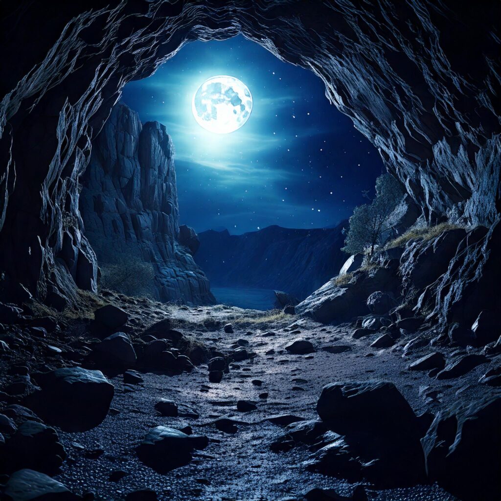 Mysterious rocky cave under the moonlight in pitch dark night
