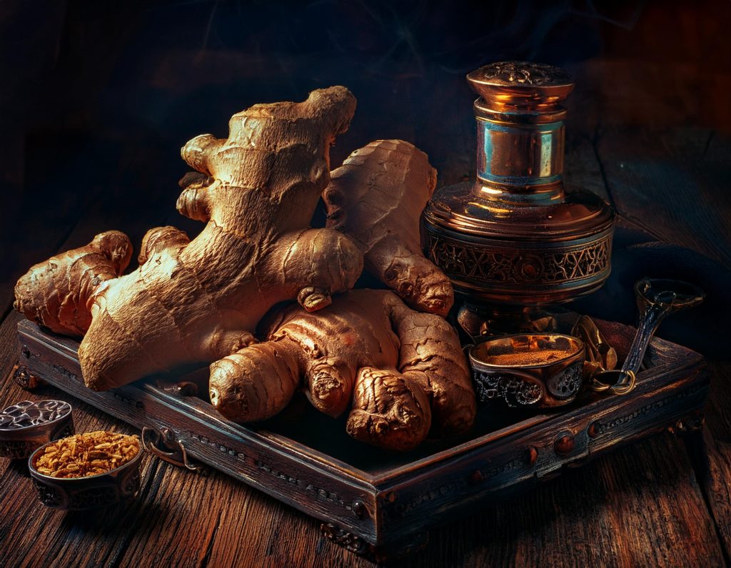ginger in a wooden tray in a dark room