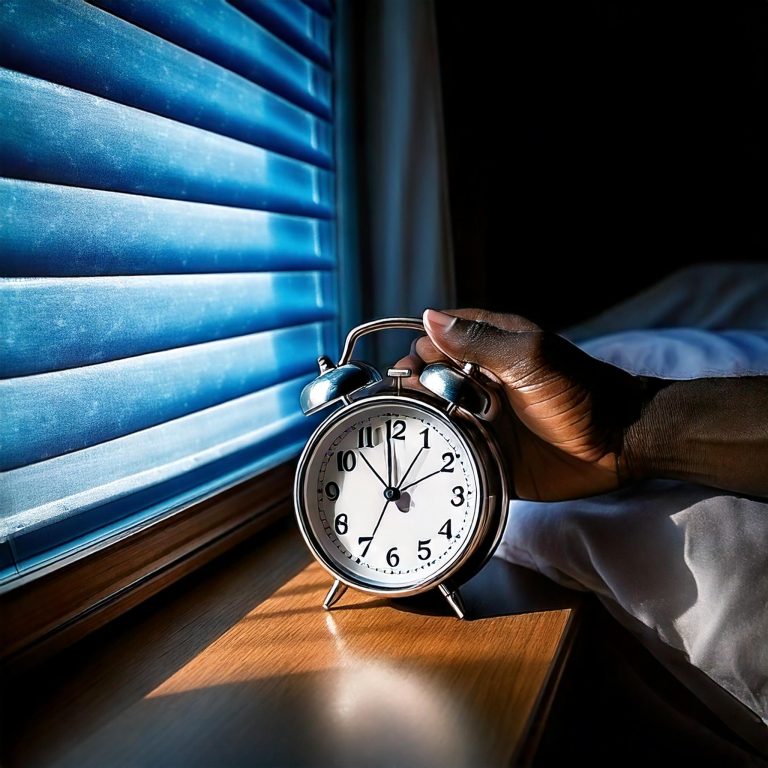 A person's hand snoozing the alarm clock on a bed table beside bed in the dark room