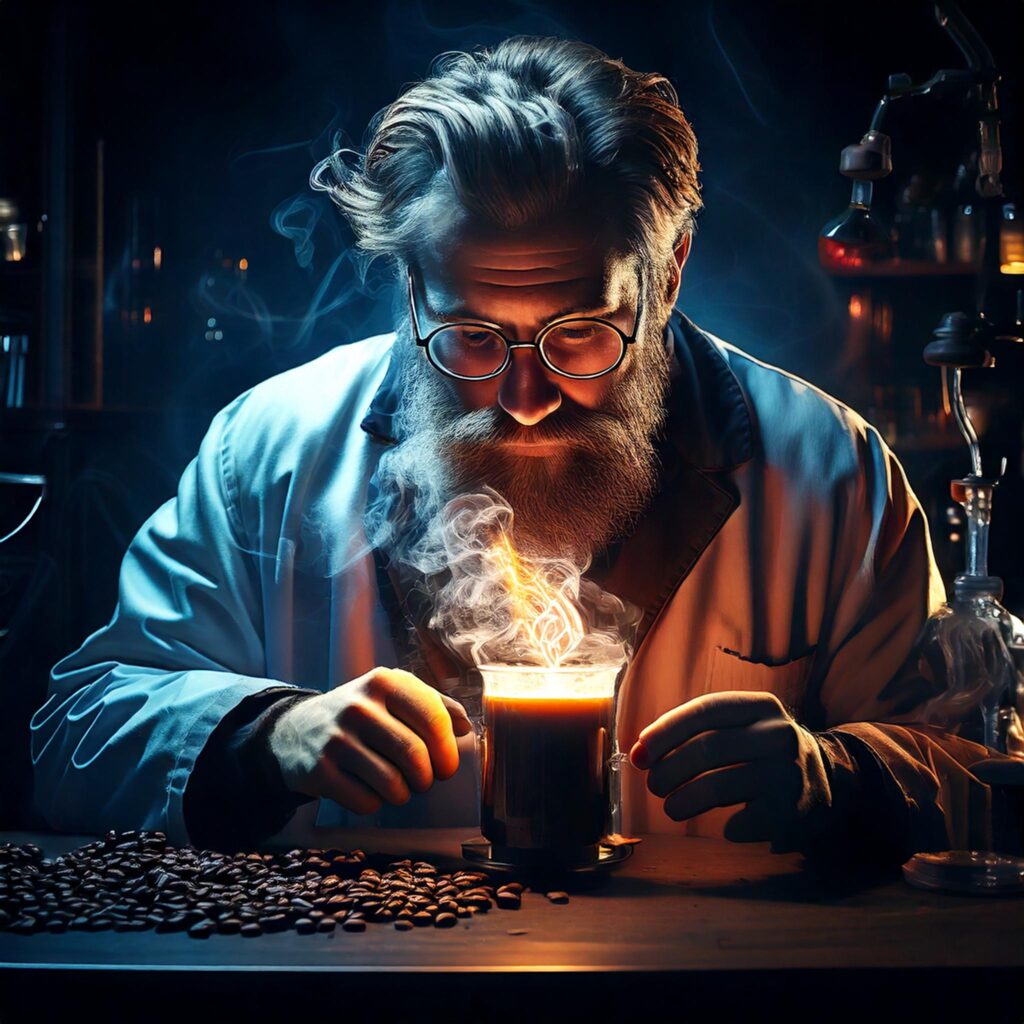 Mad scientist analyzing caffeine content in a coffee in a dark lab